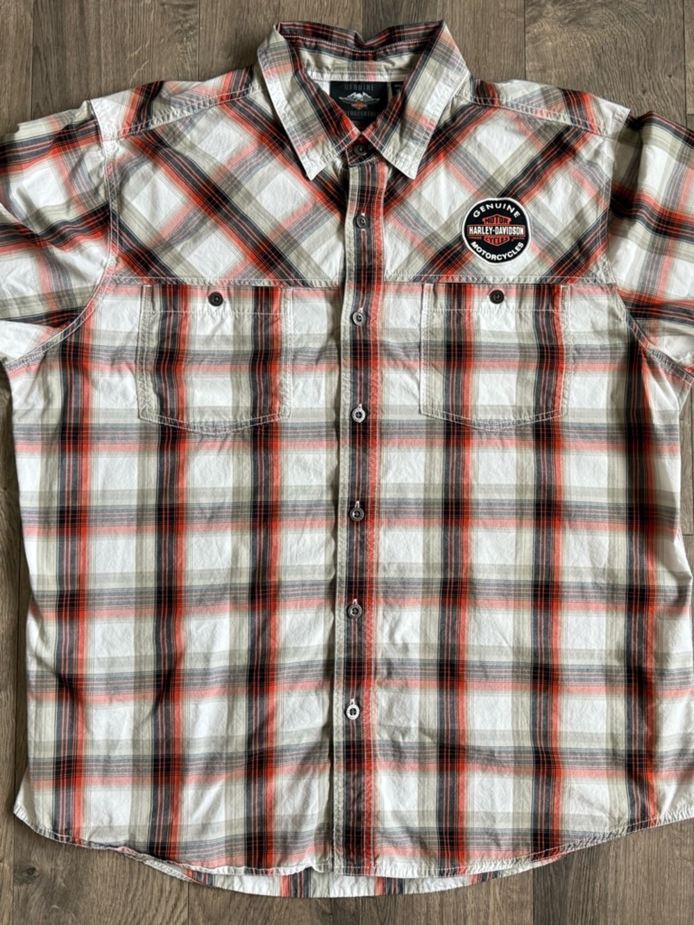 Harley-Davidson White Orange Black Plaid Button-Down Shirt with Patch
